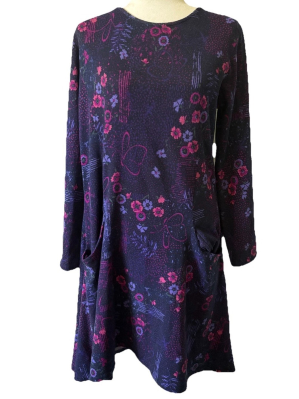 Isle Essentials Edinburgh Woollen Mill Floral Dress Pockets Size 16 Purple Knit